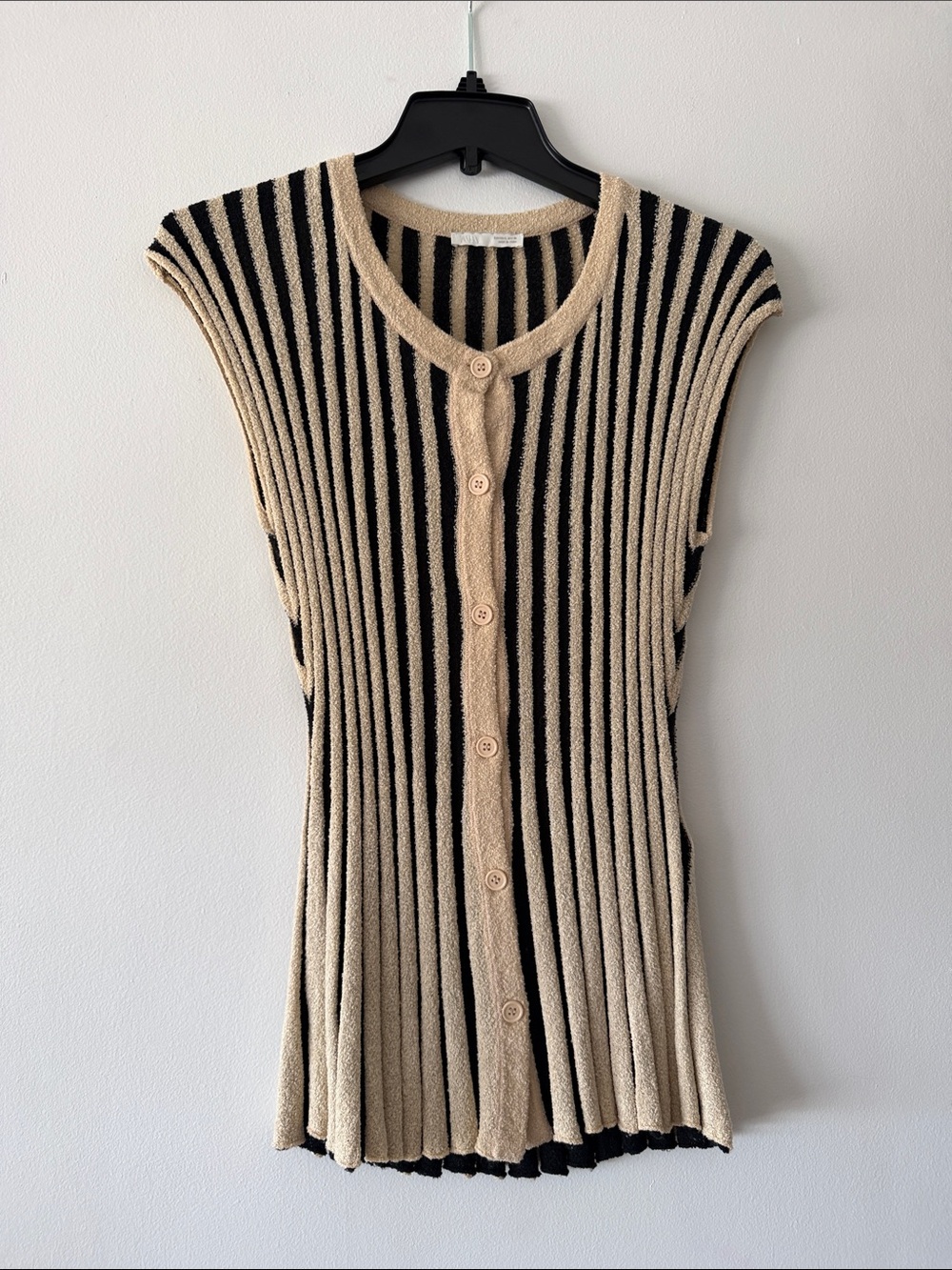 ZARA Striped Boucle Knit Cardigan Vest Top Beige Black Button Up Large NWOT